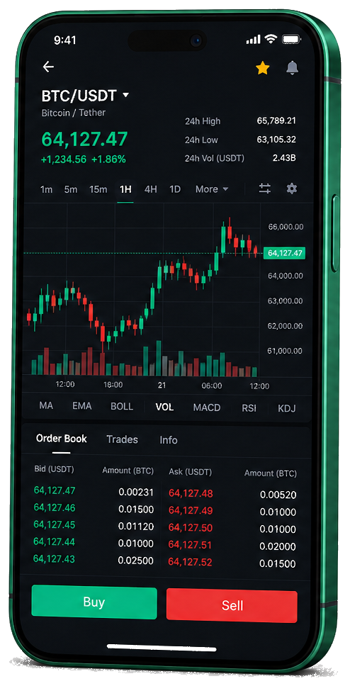 Plataforma Falésia Rendivo para trading móvel — gráfico BTC/USDT ao vivo, livro de ordens e interface para compra e venda